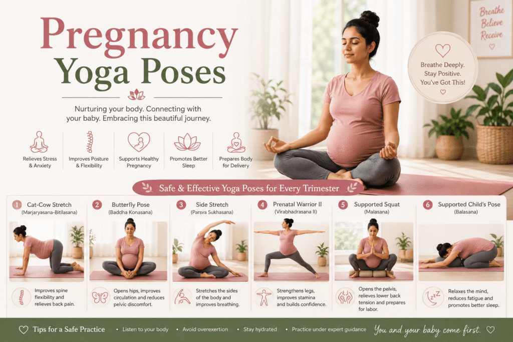 Learn about Pregnancy Yoga, its potential benefits, precautions, and trimester-wise modifications for a safe and comfortable prenatal Yoga practice. Can You Practice Yoga During Pregnancy? With appropriate precautions and medical guidance, Yoga may be incorporated into a pregnancy wellness routine. Prenatal Yoga focuses on gentle movement, comfortable mobility, breathing, relaxation, and adapting practices according to the stage of pregnancy. Pregnancy Yoga should not simply be the same Yoga routine performed before pregnancy. Poses, intensity, balance, and positioning may need to be modified. Yoga During the First Trimester During the first trimester, energy levels and individual comfort can vary considerably. Gentle movement, comfortable breathing, relaxation, and avoiding excessive intensity are important considerations. Yoga During the Second Trimester As the abdomen grows, posture and balance may change. Yoga practices may need additional support and modifications. Comfort should be prioritized over achieving a particular posture. Yoga During the Third Trimester The focus can shift toward comfortable mobility, gentle stretching, breathing, relaxation, and preparation for childbirth, depending on individual circumstances and professional guidance. Important Pregnancy Yoga Precautions Consult your healthcare provider before beginning a prenatal Yoga program. Learn from a qualified prenatal Yoga instructor. Avoid overheating. Do not force stretches. Modify poses that create discomfort. Avoid practices that are unsuitable for your pregnancy stage. Stop and seek medical advice if you experience concerning symptoms. Pregnancy Yoga at Rudram Yogshala Rudram Yogshala can provide a structured approach to Pregnancy Yoga, focusing on gentle movement, breathing, relaxation, comfort, and stage-appropriate modifications. If you are looking for Pregnancy Yoga Classes in Noida, contact Rudram Yogshala to learn about the current program and schedule. FAQs Is Yoga safe during pregnancy? Many people can practice appropriately modified prenatal Yoga, but individual medical circumstances vary. Consult your healthcare provider before starting. Can beginners do Pregnancy Yoga? Yes, beginners can learn prenatal Yoga, provided the practice is appropriately designed for pregnancy and taught with proper guidance.