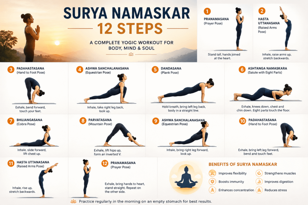 Surya namaskar 12 steps